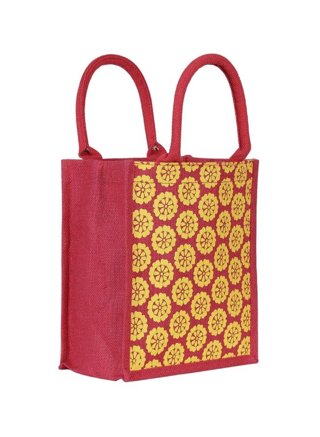 Jute Cottage Jute Bags for Lunch for Women and Men | Jute Grocery Bag | Jute Carry Bag | Jute Tiffin Bags | Jute Bags with Zip| Printed Jute Bag | Floral Print - Red - Image 4